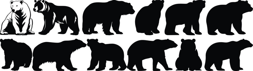 Polar bear silhouettes set, arctic pack of vector silhouette design, isolated background