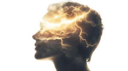 A person head with lighting and cloud explosure isolated on white background