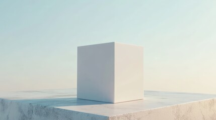 Minimalist white cube on a pedestal against a serene sky.