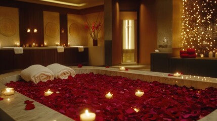 A romantic spa setting with rose petals and candles surrounding a couple on massage tables.