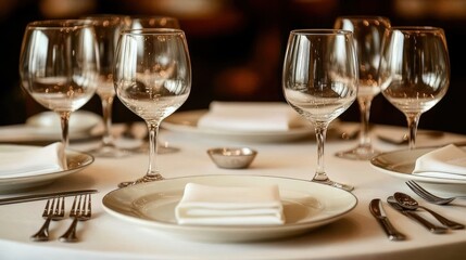 Elegant table setting with wine glasses and plates.