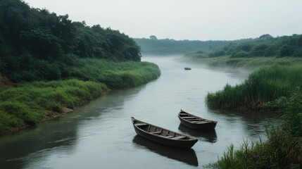 Obraz premium Empty boats rest serenely in a mist-covered river, surrounded by lush greenery, evoking solitude and the flow of time.