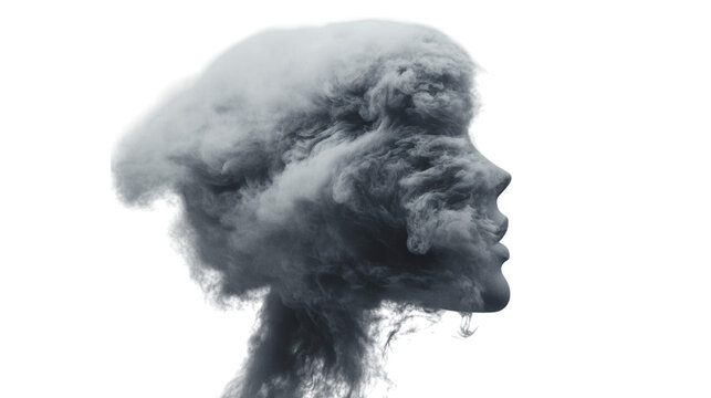 A person head with lighting and cloud explosure isolated on white background