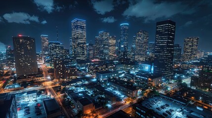 Naklejka premium A vibrant city skyline at night, with bright lights illuminating the buildings and cars moving along the streets below.