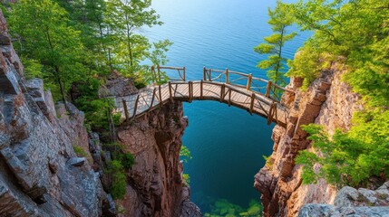 Wooden bridge spanning a chasm above a lake, surrounded by lush greenery and rocky cliffs.