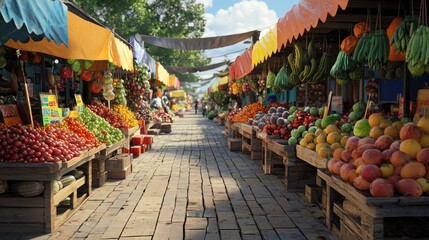 A vibrant marketplace filled with colorful fruits and vegetables under bright awnings. Shoppers are browsing various stalls.