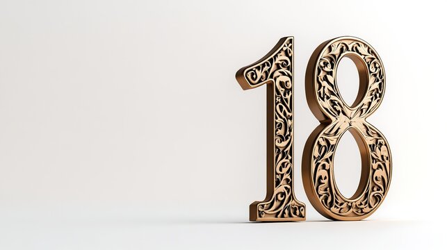 Ornate gold number eighteen on white background.