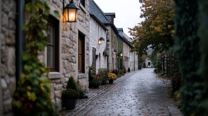 Fototapeta premium A quaint, cobbled street lined with stone houses basking in soft light evokes timeless charm and whispers stories from an old, sleepy town.