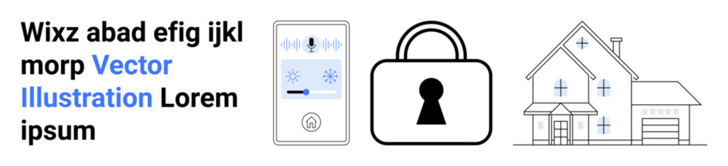 Smart home technology elements and protection theme featuring control panel, lock icon, and house. Ideal for technology, security, smart living, home automation, internet of things, residential