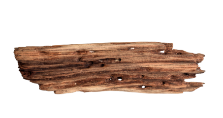 Brown old weathered driftwood plank isolated cutout on transparent