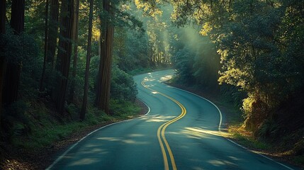 Fototapeta premium Winding road through redwood forest, sunlight streaming