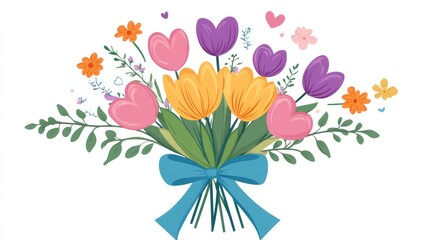 Colorful spring bouquet with ribbon, hearts, and flowers in background