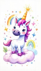 Adorable unicorn standing on a fluffy cloud with a colorful horn and rainbows in a whimsical style. Watercolor t-shirt print.