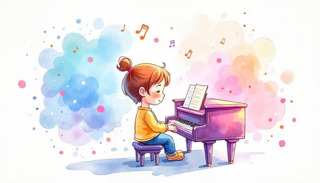 Joyful Child playing the piano with sheet music and colorful music notes in a cheerful style copy space