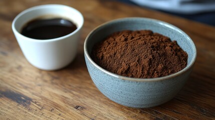 Ground coffee in bowl beside cup of coffee.