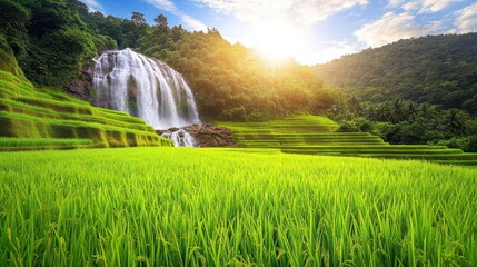 Lush green rice terraces with a cascading waterfall under a bright sun.