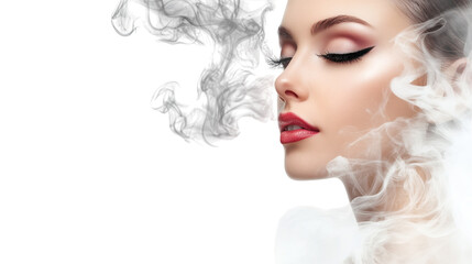 Fototapeta premium portrait of a women with clouds isolated on white abckground