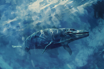 Fototapeta premium Mosasaurus massive marine predator swimming along the ocean floor in a prehistoric Jurassic sea ecosystem illustration Keywords Copiar código