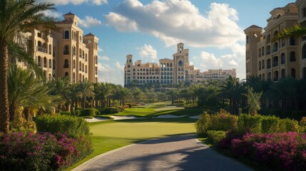 Luxury resort golf course pathway, sunny desert