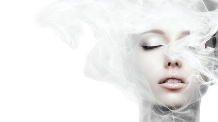 Fototapeta premium portrait of a women with clouds isolated on white abckground