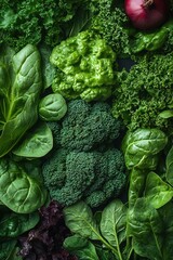 Leafy greens, broccoli, and red onion.