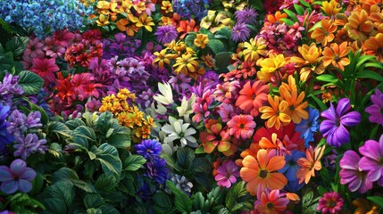 A close-up of a vibrant flower garden with various colors blooming, capturing the beauty and detail of petals and leaves.