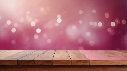 Empty wood table top on blur abstract pink background with professional lighting from a modern photography studio.