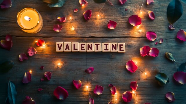 A flat-lay featuring Scrabble tiles spelling "VALENTINE," surrounded by warm candlelight, red rose petals, and fairy lights, creating a romantic Valentine's Day vibe.