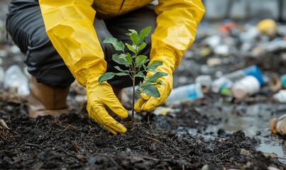 Volunteer plants sapling amidst trash