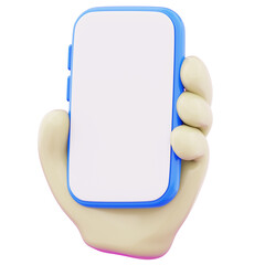 Hand holding modern smartphone device with blank screen icon illustration. Concept of modern technology mobile phone touchscreen for business. User interacting with smartphone device 3d render