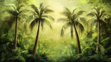 Lush tropical jungle with palm trees and sunlight.