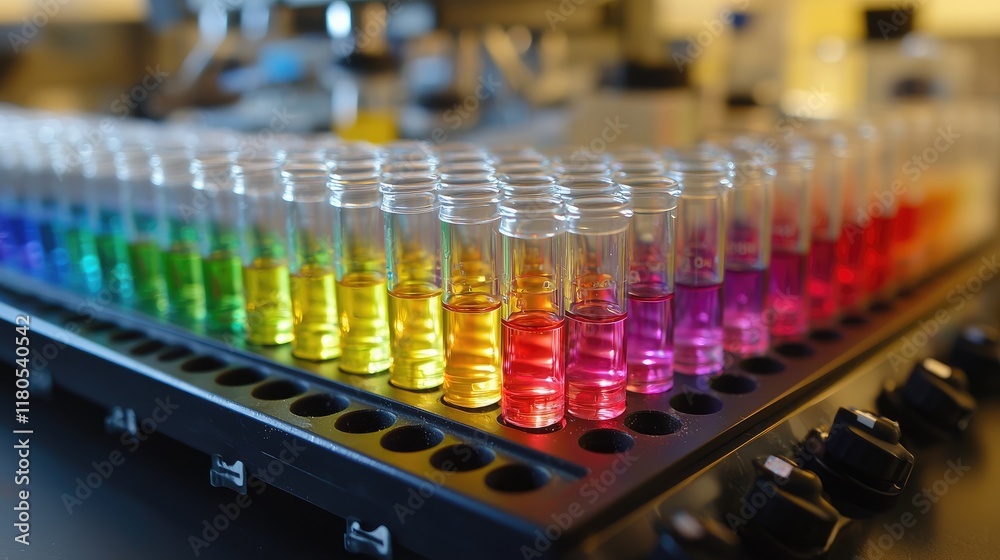 Poster colorful collection of test tubes filled with vibrant liquids in a laboratory setting showcasing a s