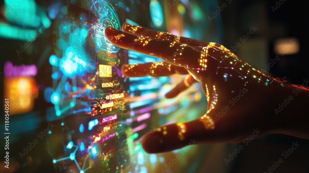 Poster Futuristic Hand Interaction with Digital Display Showcasing Data Visualization and Technology Concepts in Cyber Environment