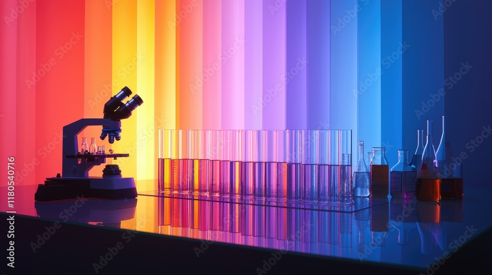 Poster Laboratory Scene with Microscope and Colorful Glassware Displaying Scientific Research and Experiments in a Vibrant Environment
