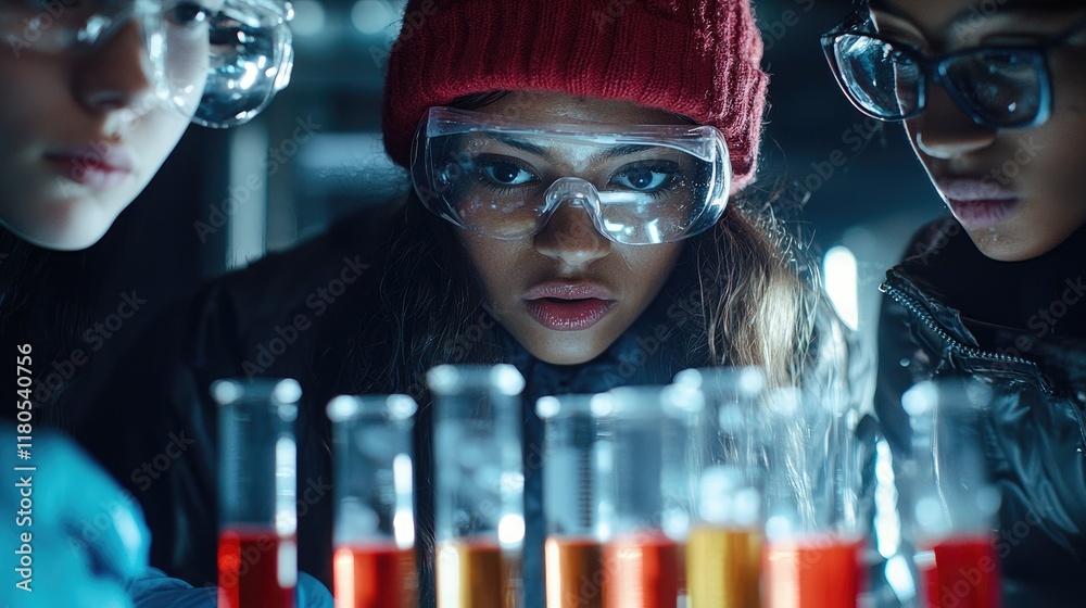 Poster Young Scientists Conducting Experiments with Colorful Liquids in Laboratory Setting Fostering Curiosity and Learning