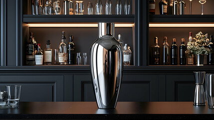 Polished chrome vase on dark bar counter, liquor bottles and glasses behind.  Interior design concept.