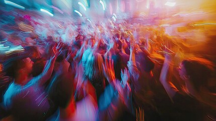 Vibrant Crowd Celebrating at a Music Festival with Colorful Lights and Energetic Atmosphere