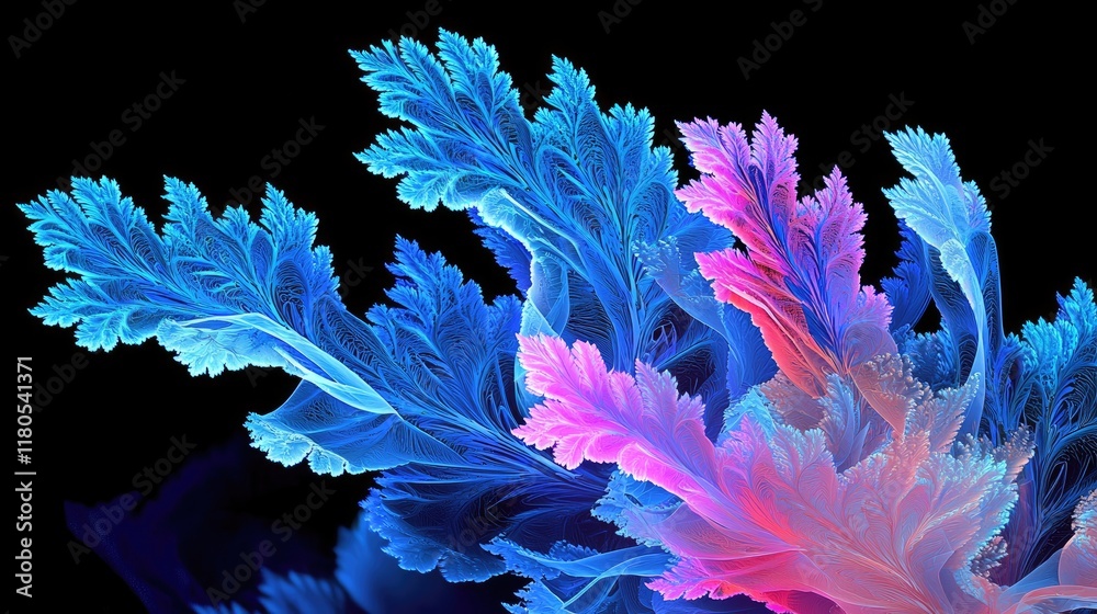 Poster colorful abstract fractal design with blue and pink leafy shapes on black background