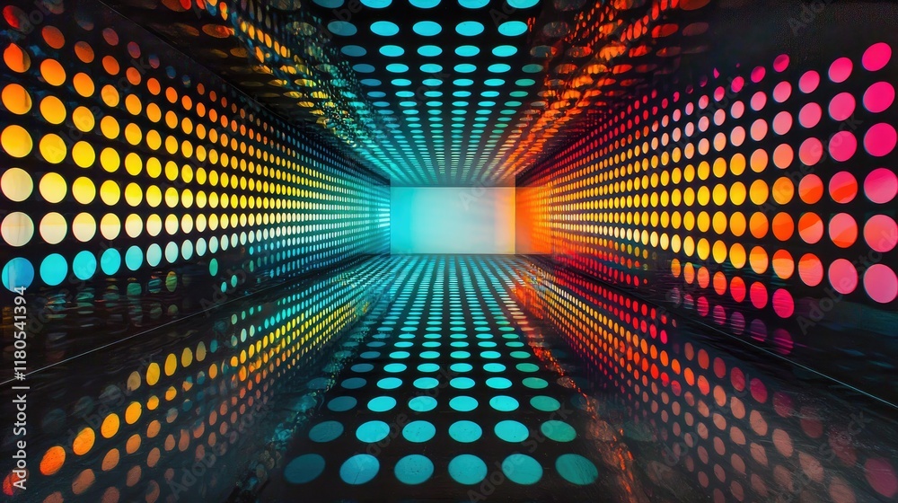 Poster Vibrant Abstract Tunnel with Colorful Dots and Reflections in a Futuristic Setting
