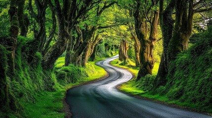 Obraz premium Serene Curving Road Surrounded by Lush Green Trees in a Tranquil Forest Setting