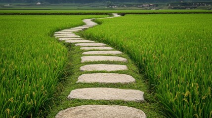 Stone path winding through vibrant green rice paddy field.