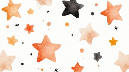 Colorful watercolor stars pattern on white background with orange, black, and peach shades for creative projects