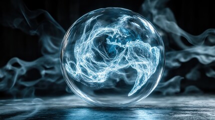 Glowing energy inside a glass sphere with smoke.