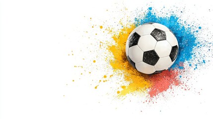 Soccer Ball Surrounded by Colorful Splashes of Paint on White Background for Sport and Arts Concepts