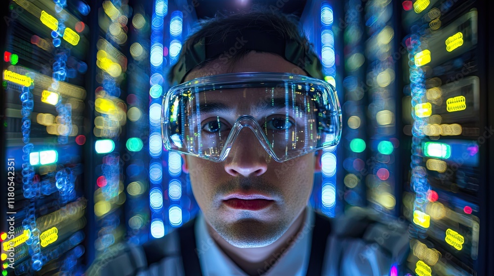 Poster close-up portrait of a technician in protective gear surrounded by high-tech server equipment in a d