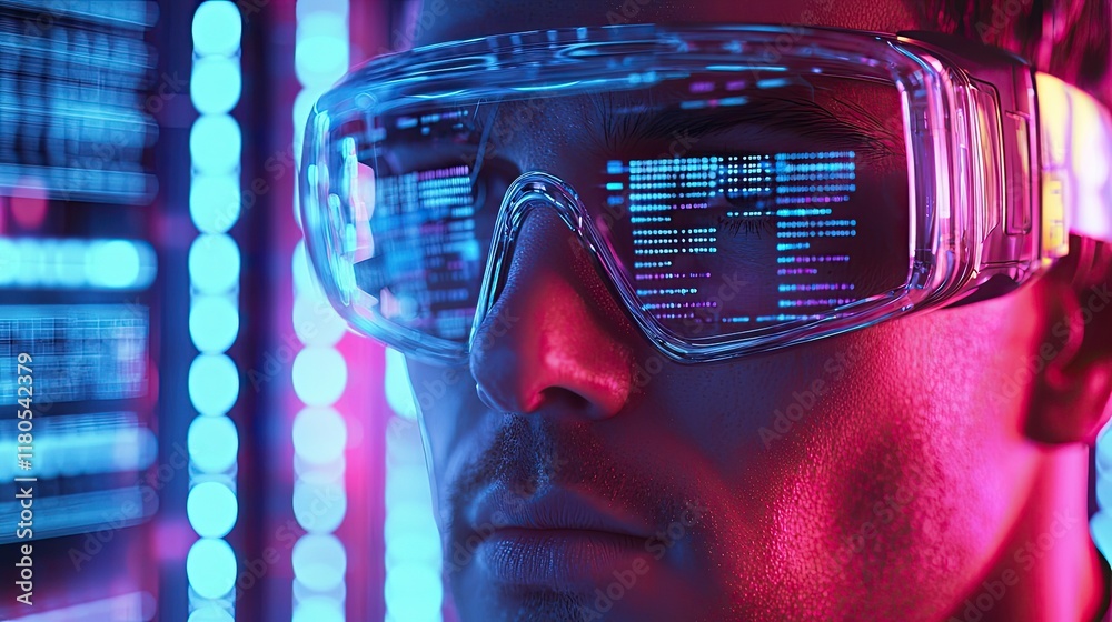 Poster futuristic portrait of a young man wearing high-tech glasses surrounded by neon lights and digital d