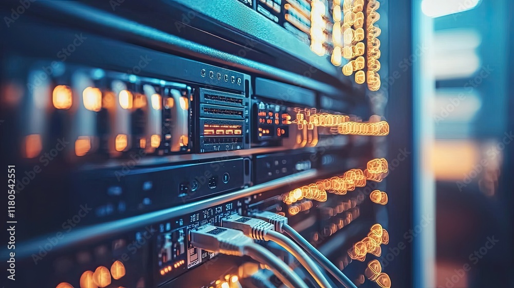 Poster Close-Up View of Server Rack with Glowing Lights and Cables in a Data Center Environment