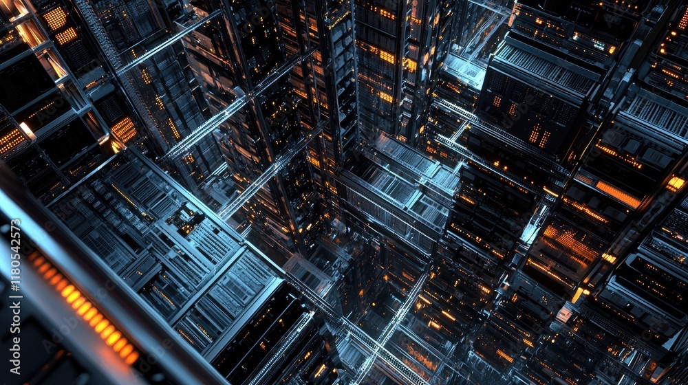 Poster Futuristic abstract view of a complex data storage environment featuring glowing lights and intricate network designs