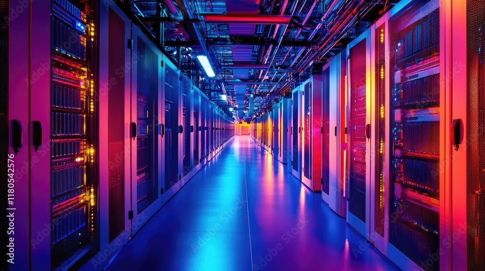 Poster Futuristic Data Center with Colorful Lighting and Server Racks in a High-Tech Environment