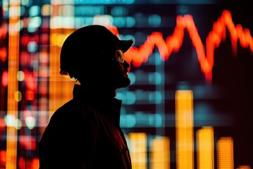 Silhouette of a worker in a hard hat against a vibrant financial graph background, symbolizing industry and progress.
